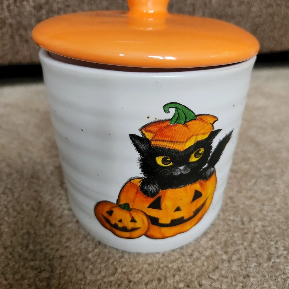 Halloween black cat canister jar with lid cobwebs and cauldrons
